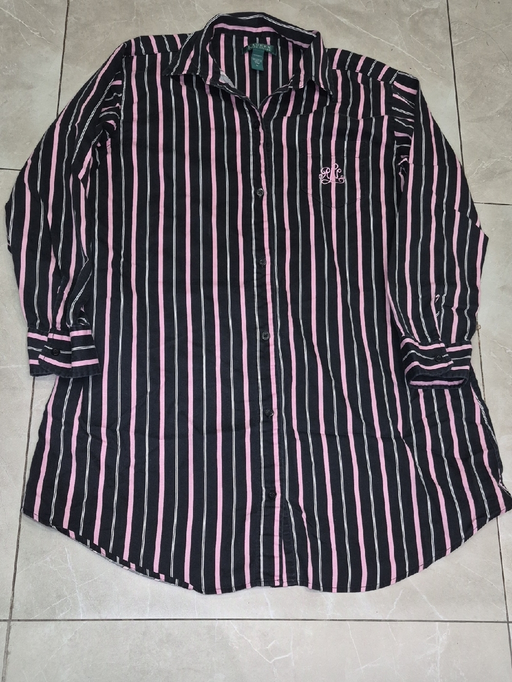 Ralph Lauren 100% Cotton Black Shirt with Pink & White Vertical Stripes